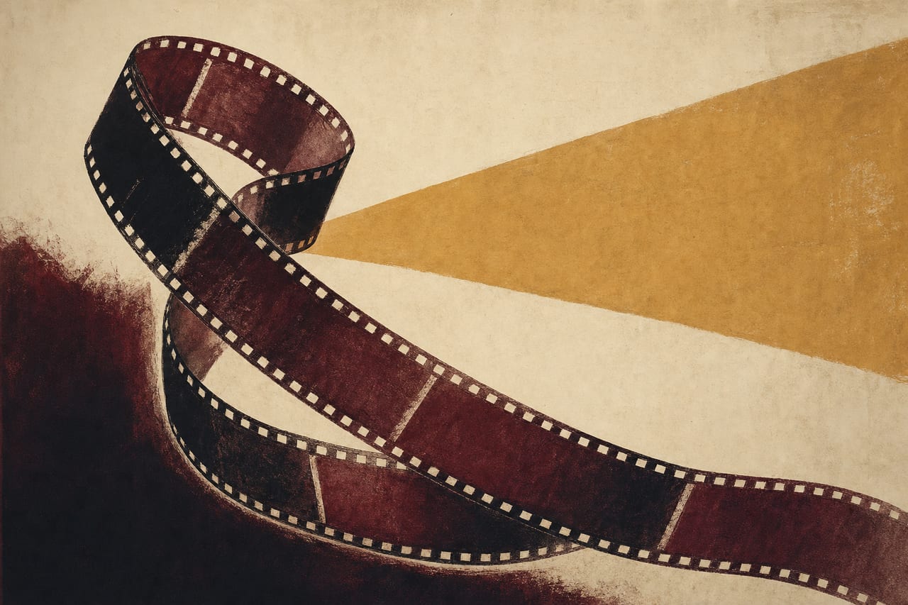 Composición editorial en tonos vino y crema: una tira de película cinematográfica se despliega en diagonal, con perforaciones a los lados y un haz de luz cálida que la cruza, evocando una proyección nocturna.