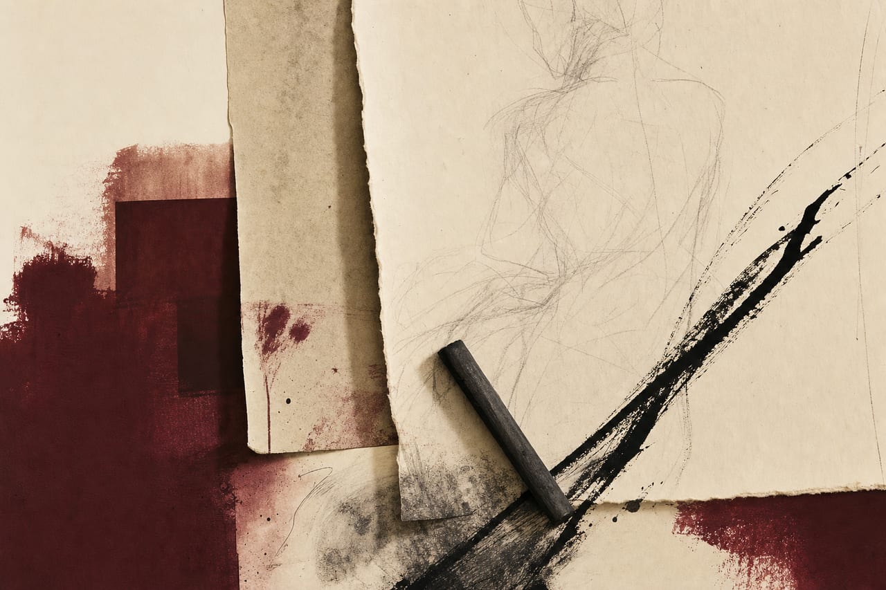 Composición pictórica en tonos vino y crema: una hoja de papel laid vista de canto, una barra de carboncillo en diagonal, huellas de grafito y el contorno tenue de un estudio de figura inacabado.