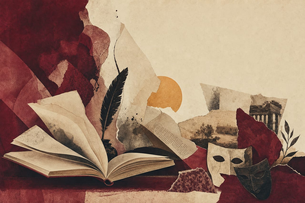 Composición editorial en tonos vino y crema: un libro abierto del que se desprenden formas suaves, papeles plegados, una pluma y fragmentos que evocan poesía y fotografía.