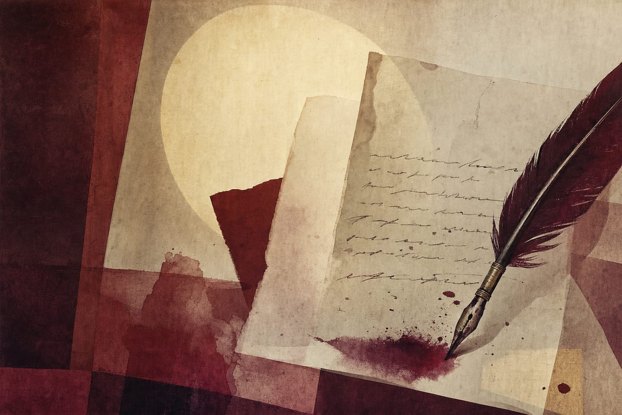 Composición editorial en tonos vino y crema: hojas de papel translúcidas que se superponen, una pluma manchada de tinta y trazos que sugieren versos manuscritos.